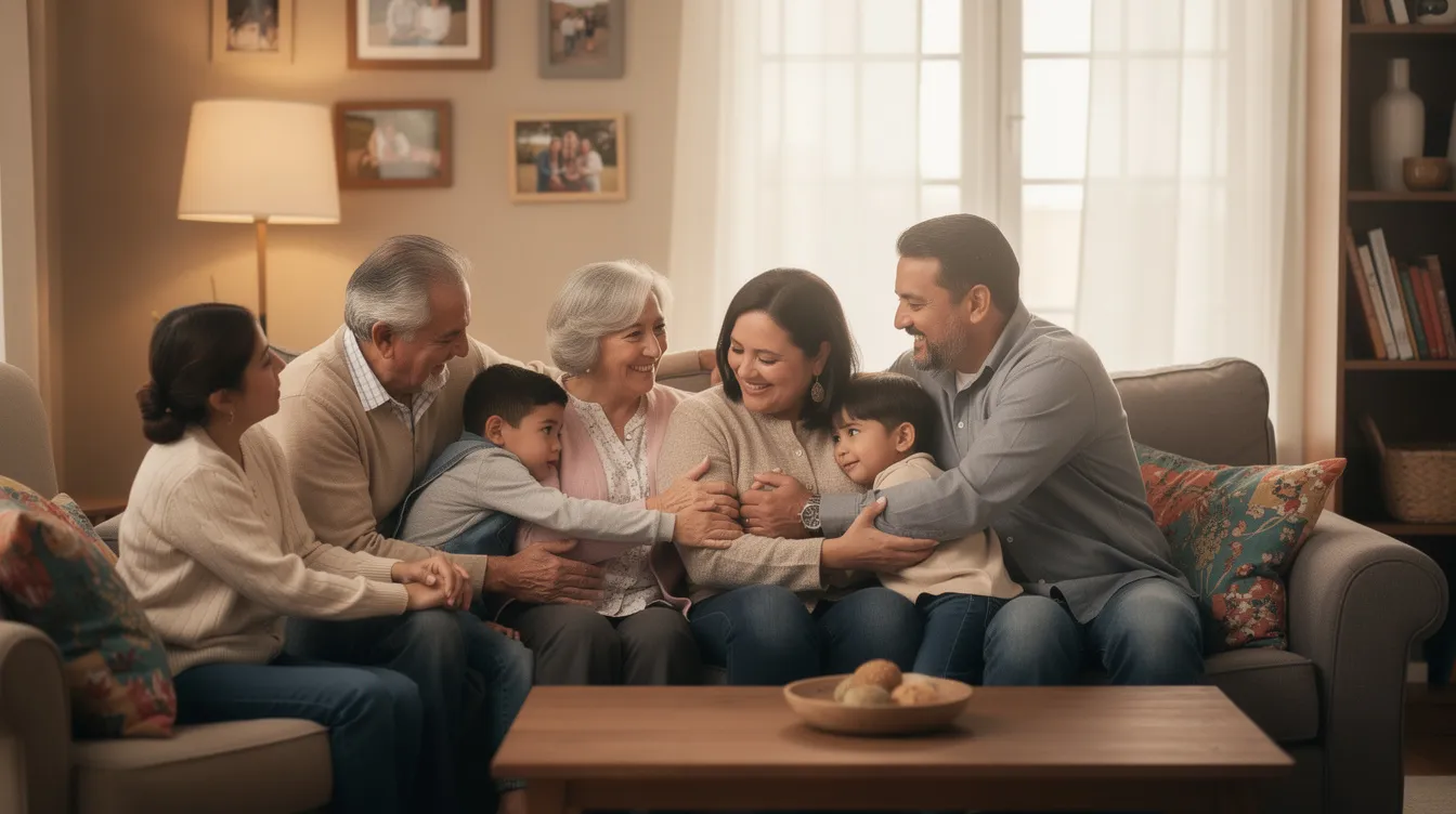 Una familia hispana se reúne en un ambiente de apoyo y consuelo, abrazándose y compartiendo momentos de cercanía tras la pérdida de un ser querido. Este encuentro refleja la importancia de la unidad familiar en tiempos de dolor y la búsqueda de justicia ante la muerte injusta en Houston.