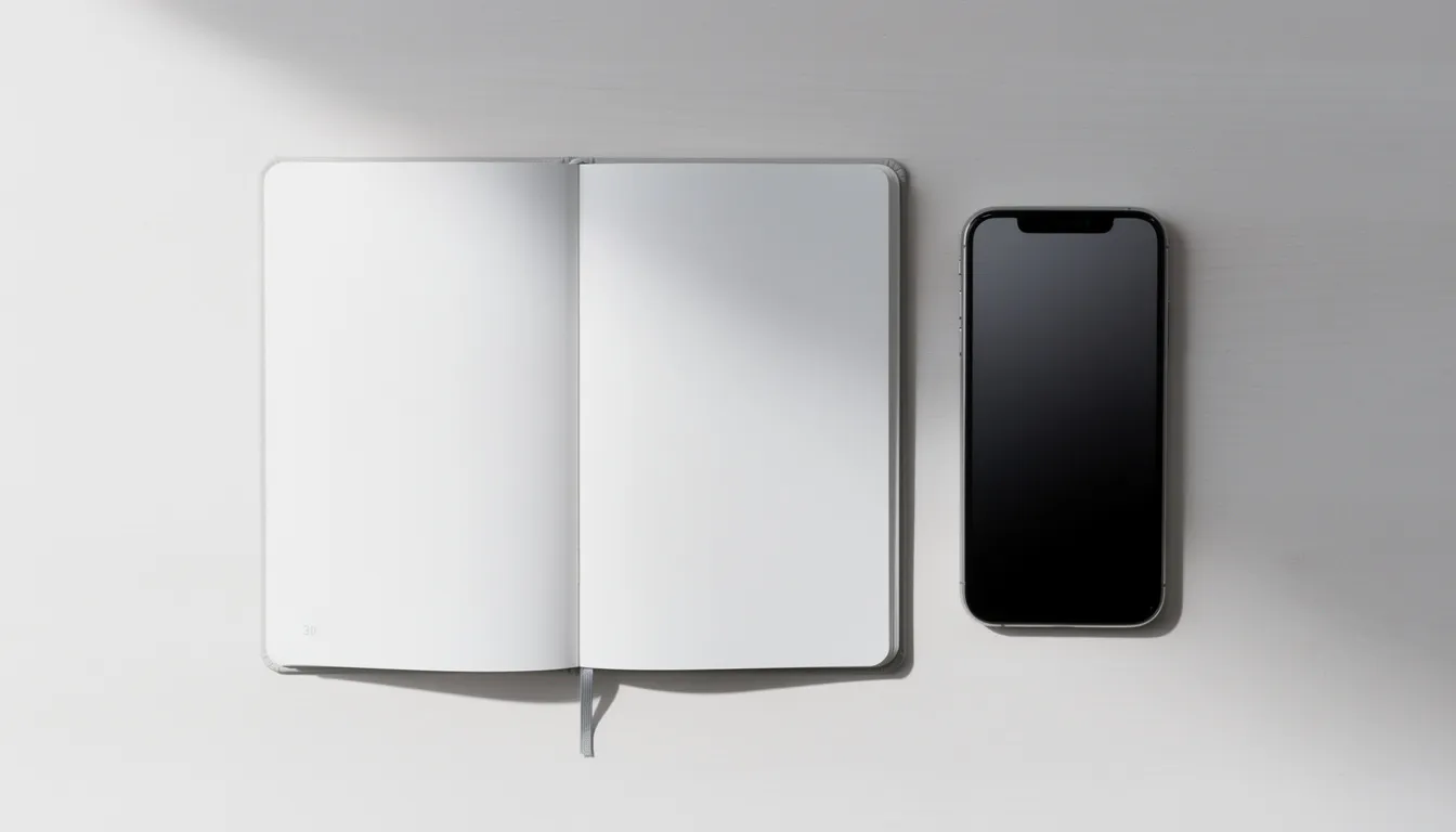 The image features a smartphone alongside an open paper notebook on a minimalist desk, suggesting a blend of digital and traditional methods for organizing important tasks. This setup could inspire the creation of an effective to-do list for managing personal tasks and staying productive.