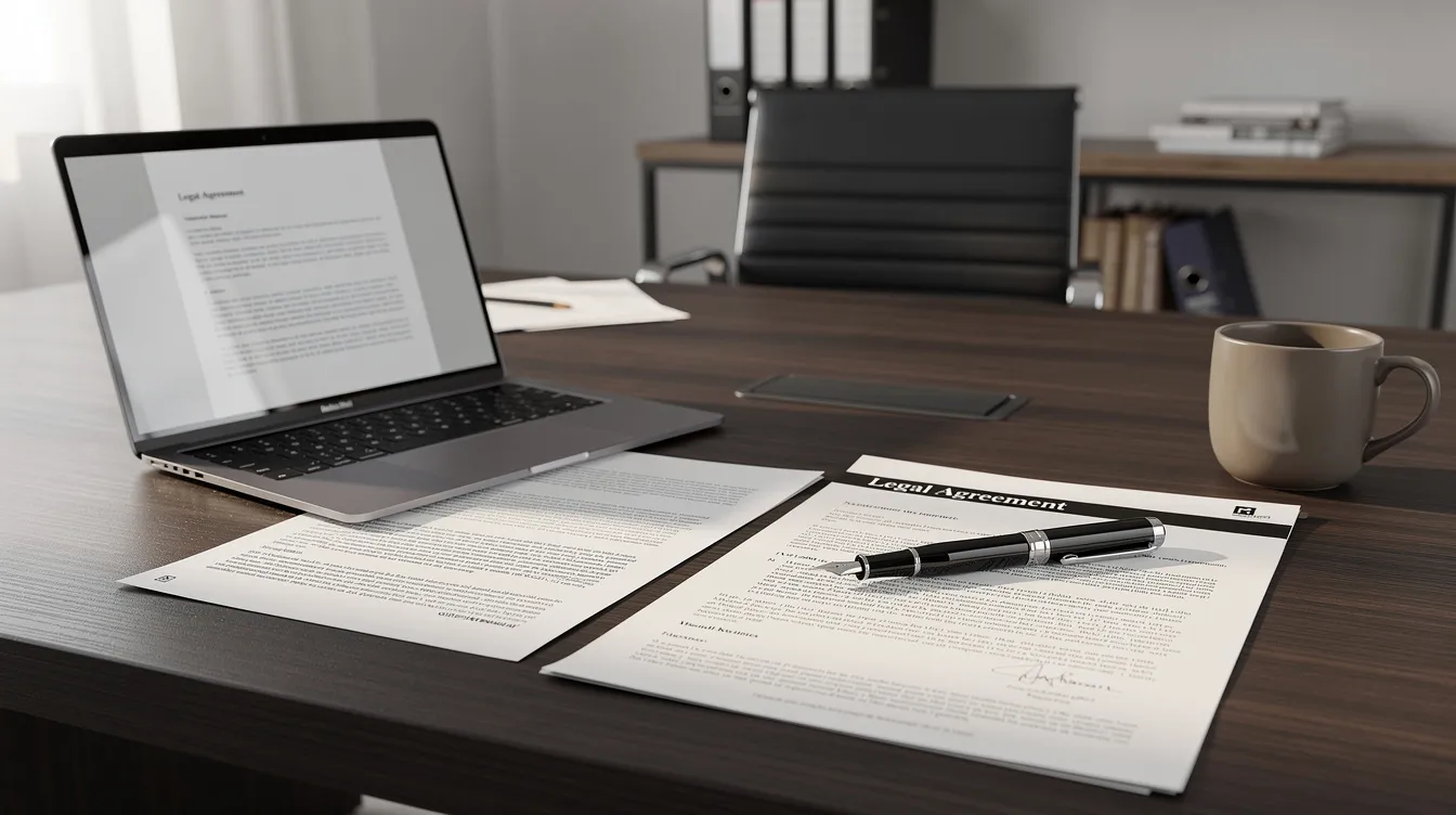 The image depicts a modern office setting featuring a dark wood desk with neatly arranged legal documents, a laptop, and a pen, suggesting a professional environment suited for energy industry clients. This workspace is ideal for energy company formation lawyers who regularly assist clients with project development and regulatory compliance in the energy sector.
