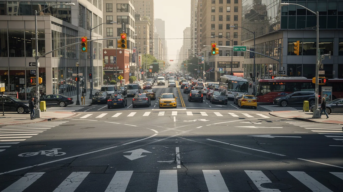The image depicts a busy urban intersection with multiple cars waiting at traffic signals, surrounded by tall buildings in a city setting. This scene highlights the potential risks for cyclists and pedestrians, emphasizing the importance of traffic laws and the role of experienced bicycle accident lawyers in ensuring safety and compensation for injured cyclists in the Colorado Springs area.