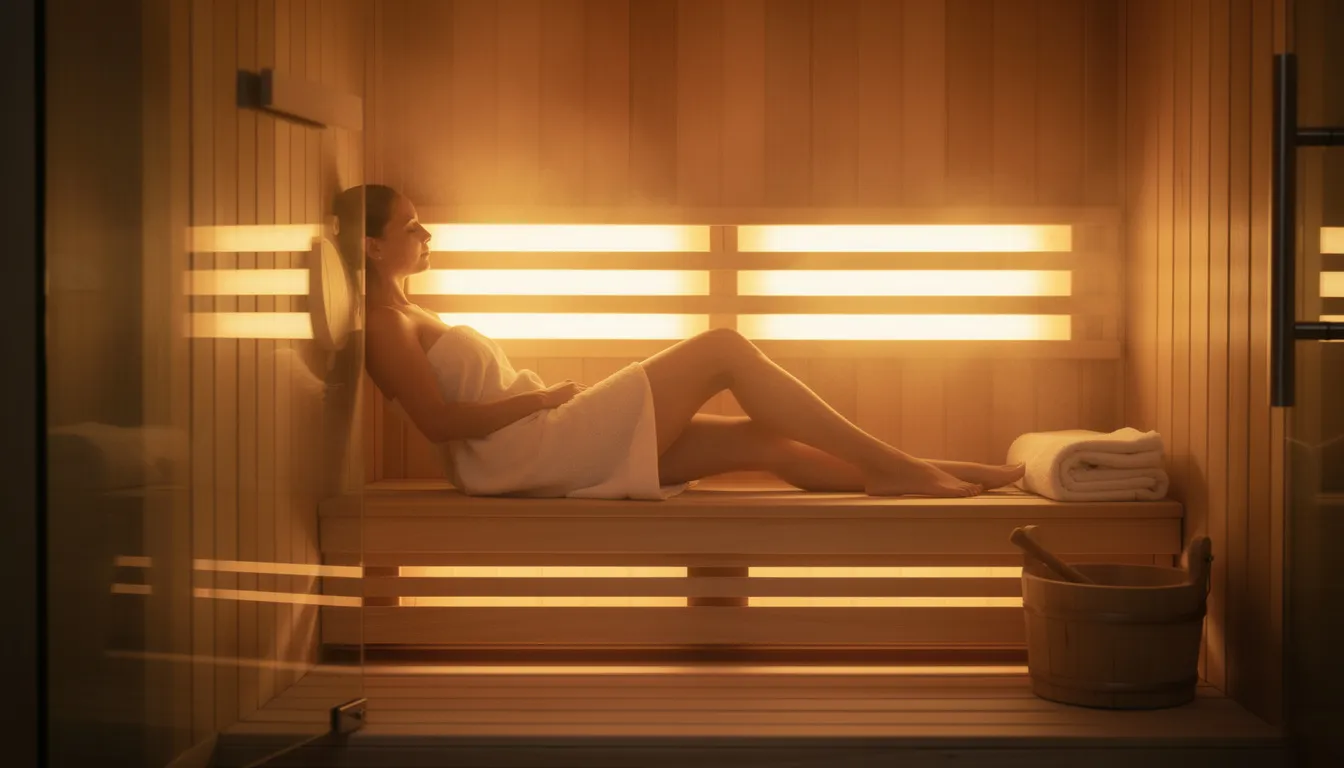 A person is seen relaxing comfortably inside a modern wooden infrared sauna cabin, bathed in soft lighting that enhances the calming atmosphere. The sauna features ceramic infrared heaters, providing efficient infrared heat that promotes relaxation and wellness through the emission of infrared waves.