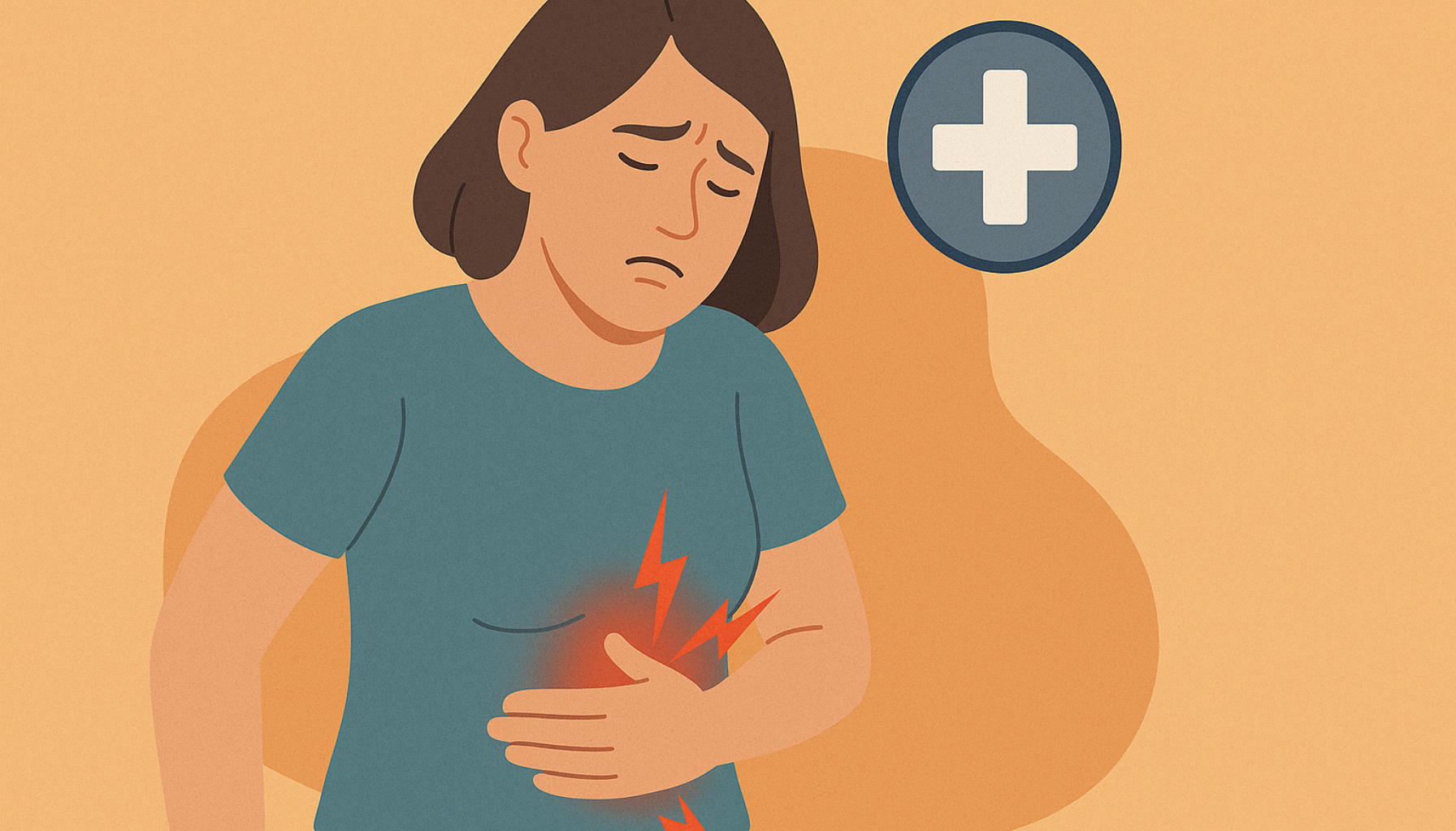 En kvinne holder venstre side av magen med smertefullt uttrykk, mens røde lynsymboler og et helsesymbol antyder alvorlighetsgraden.