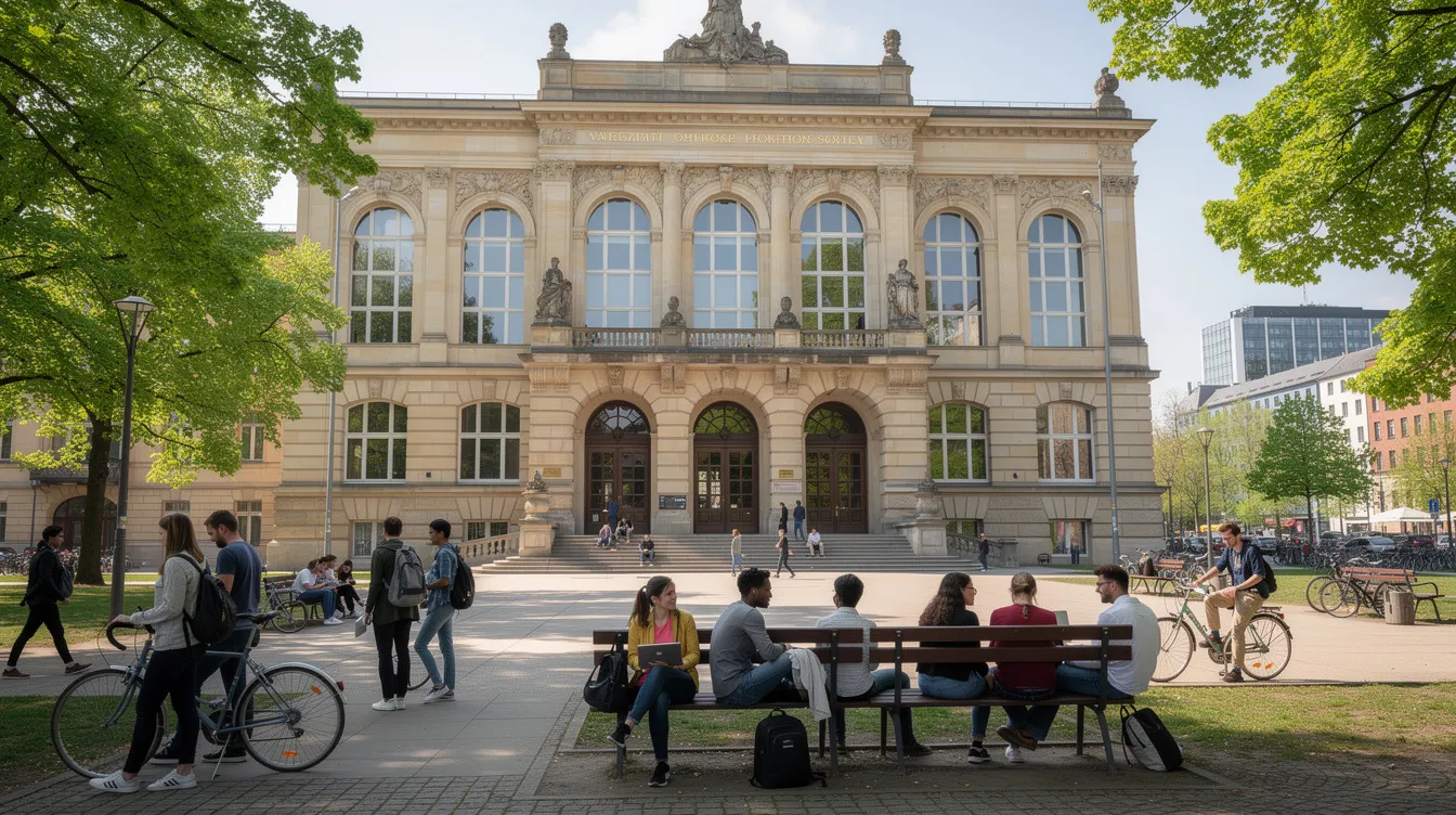 Das Bild zeigt ein historisches Universitätsgebäude in Berlin, umgeben von Studierenden, die auf dem Campus miteinander interagieren. Die Humboldt-Universität zu Berlin ist ein zentraler Ort für Bildung und Forschung, wo Studentenleben und akademische Aktivitäten in der Hauptstadt lebendig werden.