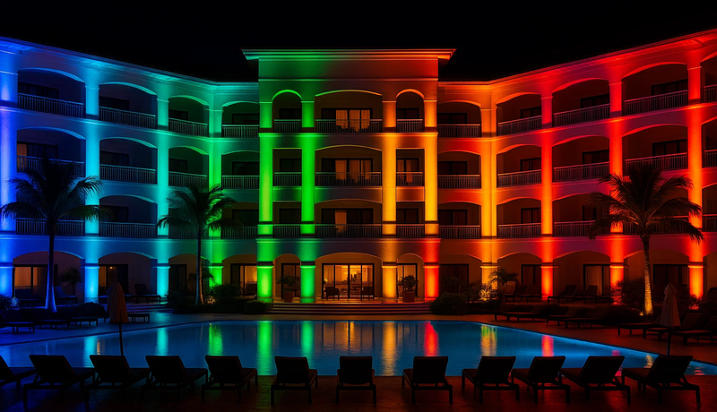 RGBW dynamic architectural lighting on a resort facade