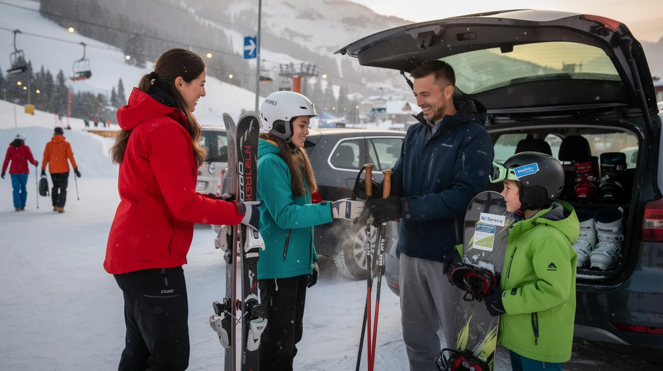 Eine Familie steht im Schnee und tauscht Skiausrüstung aus, während die Sonne scheint. Die Eltern helfen ihren kleinen Kindern, die richtige Ausrüstung für den Skikurs auszuwählen, um ihnen den Einstieg ins Skifahren zu erleichtern.
