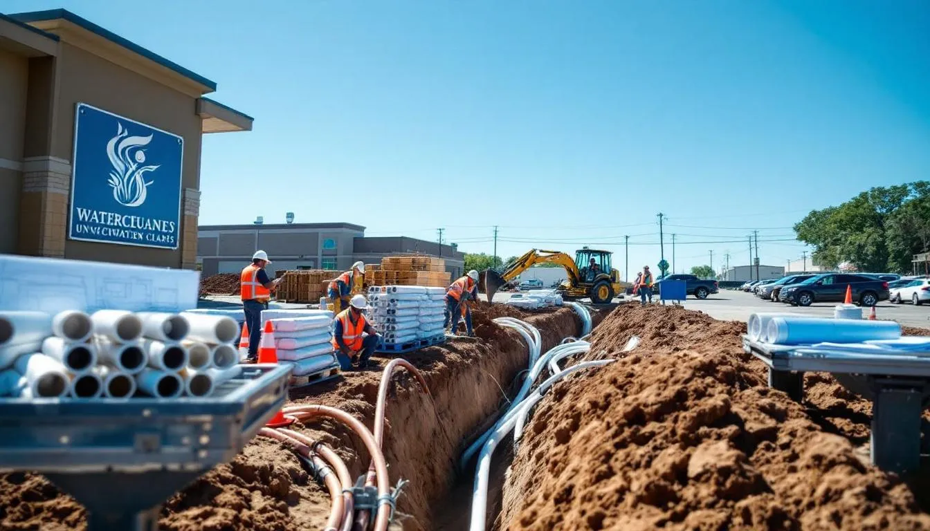 In this image, a construction crew in Oklahoma City is actively installing underground water lines using trenching equipment, while PVC and copper pipes are staged nearby. Safety cones are positioned around the commercial lot, and a backhoe along with clear blueprints can be seen on-site, highlighting the professional plumbing services involved in the water line installation process.