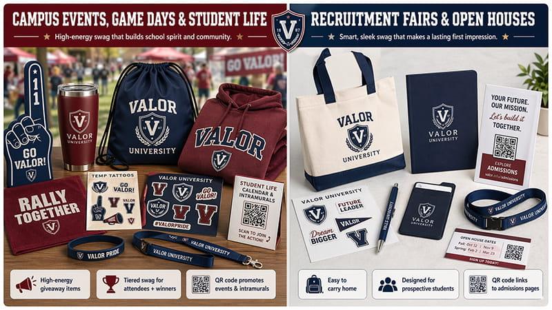 College swag including foam fingers, rally towels, custom tote bags, pens, and phone wallets, with QR codes promoting student life and admissions pages, all branded with Valor University.