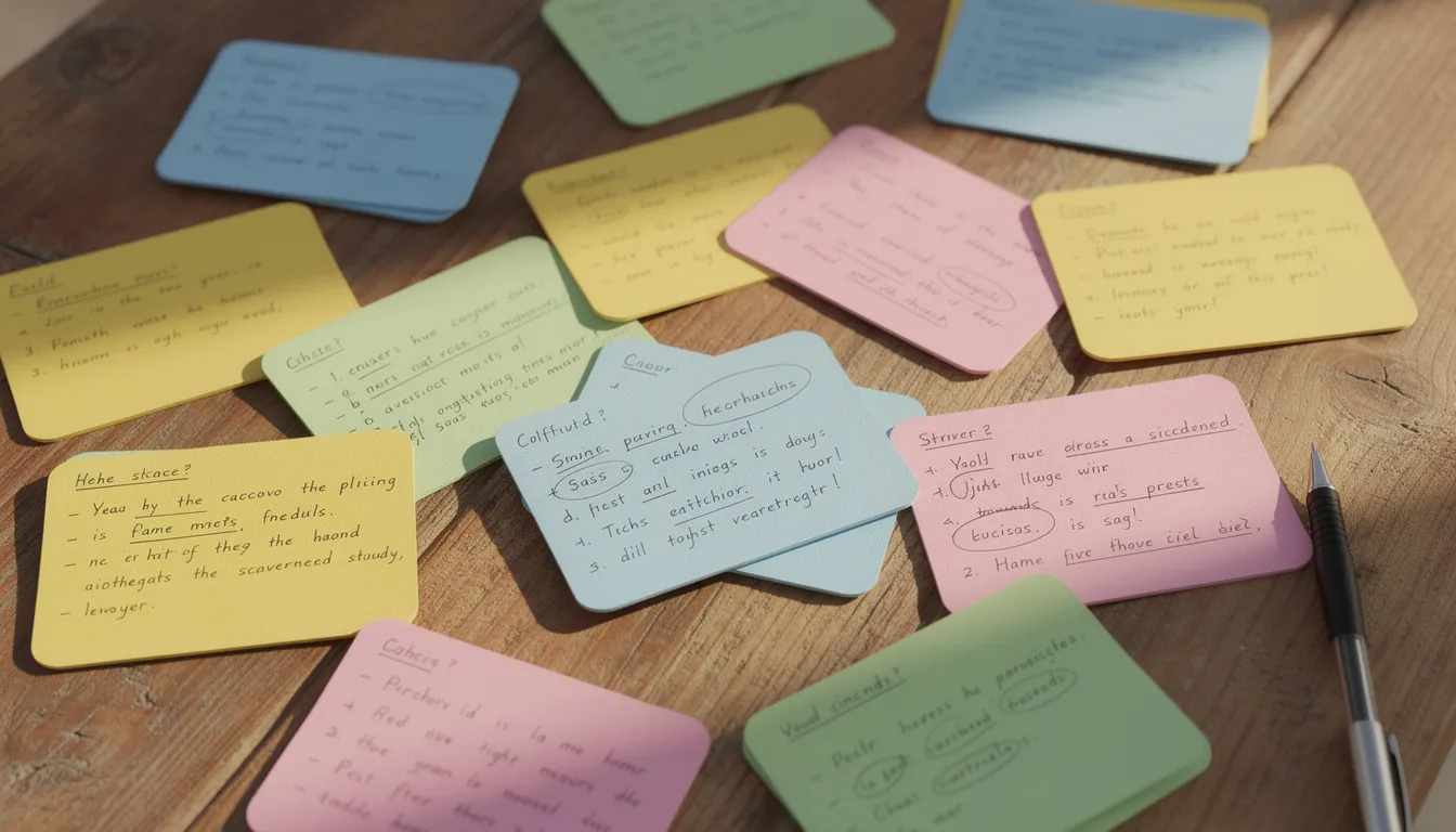A colorful array of flashcards is spread across a wooden table, featuring handwritten notes that likely cover key topics for the Australian citizenship test, such as Australian values, history, and government structure. This visually engaging setup suggests a focused study session for test takers preparing for their citizenship application.
