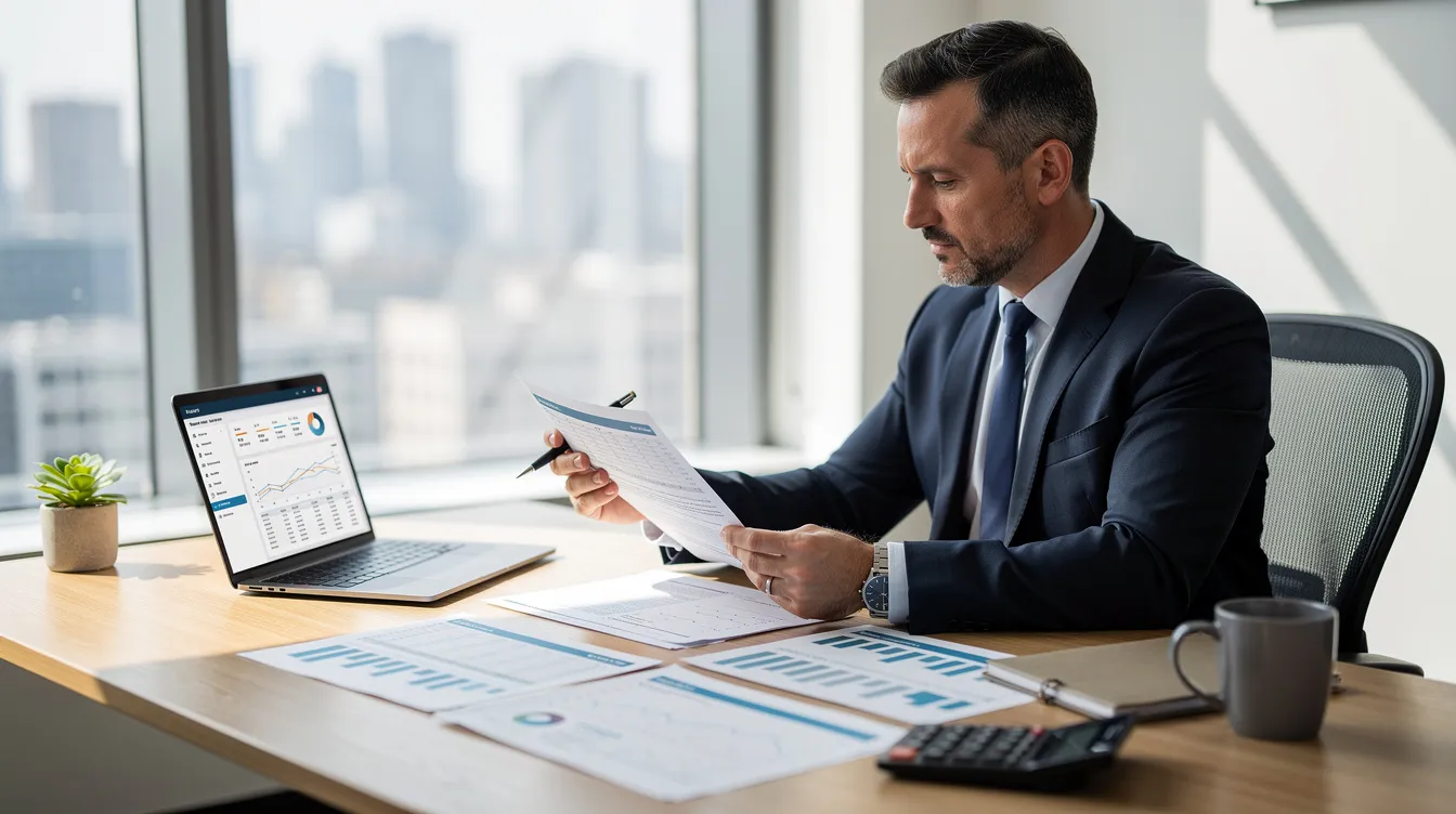 A business owner is seated at a desk, intently reviewing various financial documents, including loan applications and repayment terms. The scene conveys a sense of diligence as they consider options for private loans and evaluate their monthly repayment amounts.