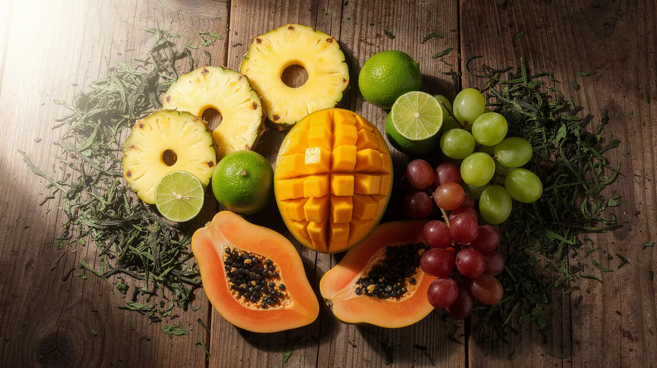 The image features an assortment of fresh tropical fruits, including pineapples and mangoes, alongside vibrant green tea leaves, all beautifully arranged on a rustic wooden table. This colorful display promotes healthy eating and can be part of a weight loss plan for those seeking to lose weight through a balanced diet.