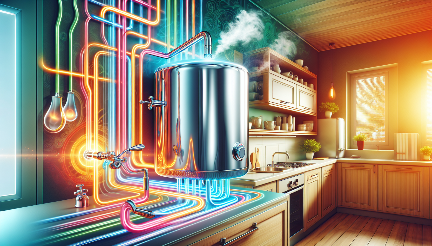 An illustration of a gas hot water system in a household setting.