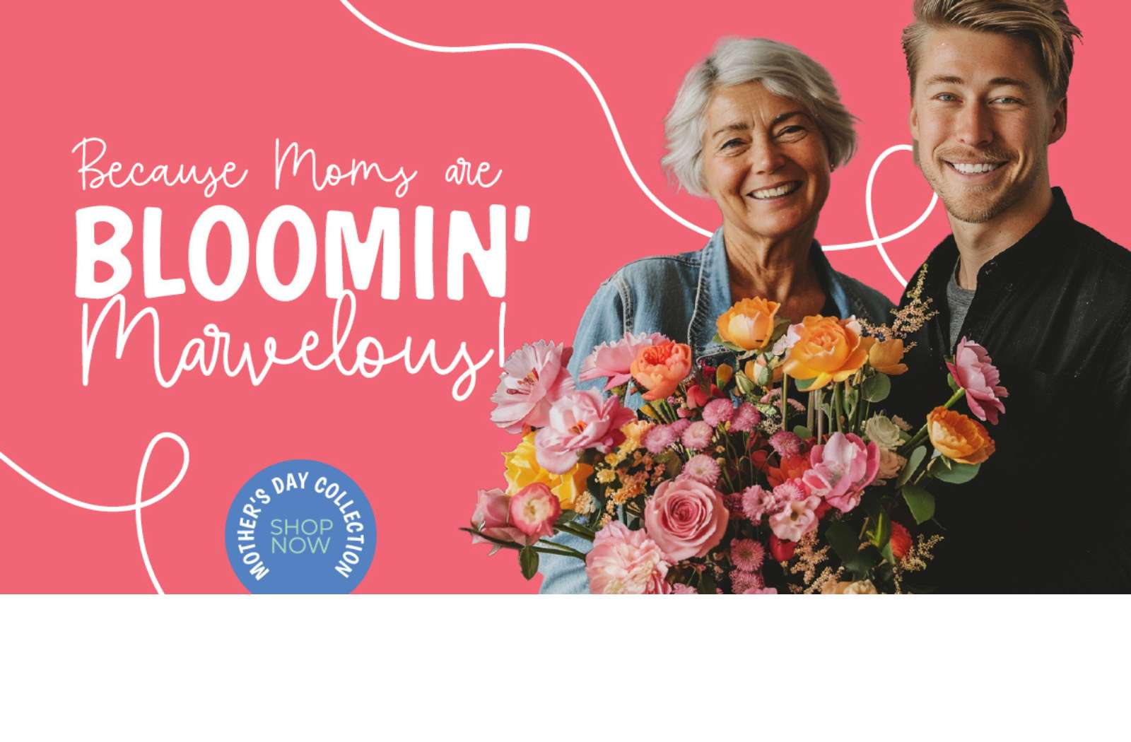 Cheerful elderly mother with silver hair and her son smiling broadly, holding a delightful bouquet of multi-coloured roses and spring flowers, celebrating the Mother's Day Collection at Fabulous Flowers and Gifts.