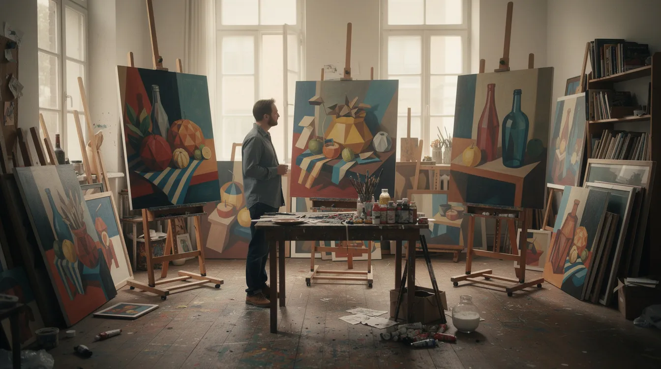 In einem Atelier steht ein Künstler umgeben von zahlreichen Leinwänden, die geometrisch fragmentierte Kompositionen und Stillleben-Arrangements zeigen. Die Werke spiegeln Einflüsse des Kubismus wider, mit einer Vielzahl von Farben und Formen, die an die Stile von Picasso und Braque erinnern.