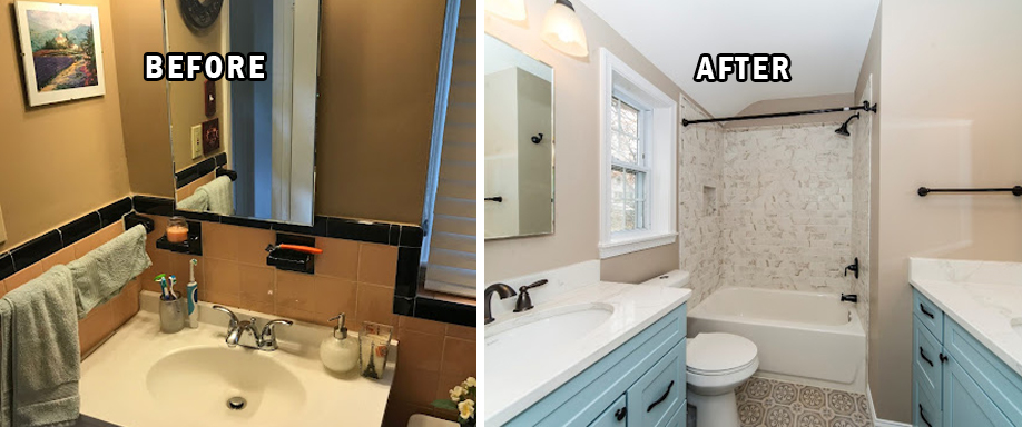 Before and after bathroom project with light blue cabinets, toilet, and tub shower combination
