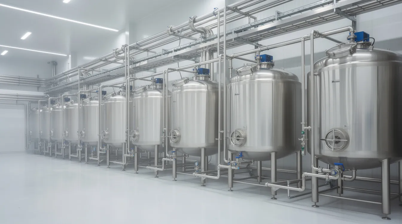 The image depicts rows of stainless steel milk processing tanks and intricate piping within a modern dairy factory, showcasing advanced dairy operations and technology investment aimed at enhancing milk production efficiency. This environment reflects the integration of farm management software and systems designed to optimize profitability and operational costs in the dairy sector.
