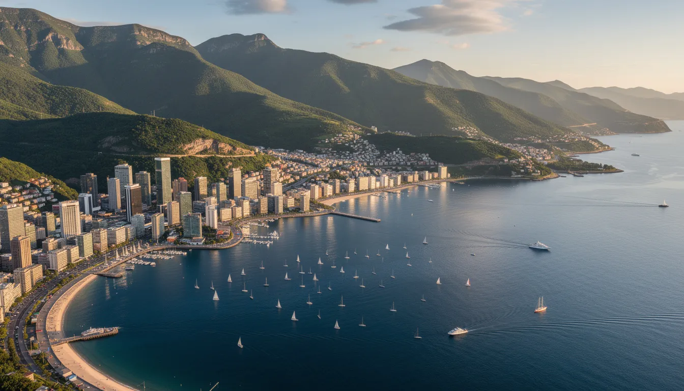 The image depicts a picturesque coastal city surrounded by lush green mountains, with a large bay filled with boats gently bobbing in the water. This scene highlights the natural beauty and local vibe of one of Mexico's best beach towns, offering a glimpse of the serene life by the ocean.