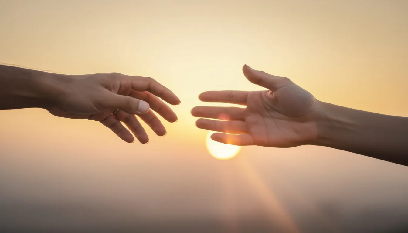 Two hands are reaching toward each other against a warm sunset background, symbolizing the connection and compatibility between human beings in relationships. This image evokes feelings of closeness and the importance of communication and shared interests in fostering healthy relationships.