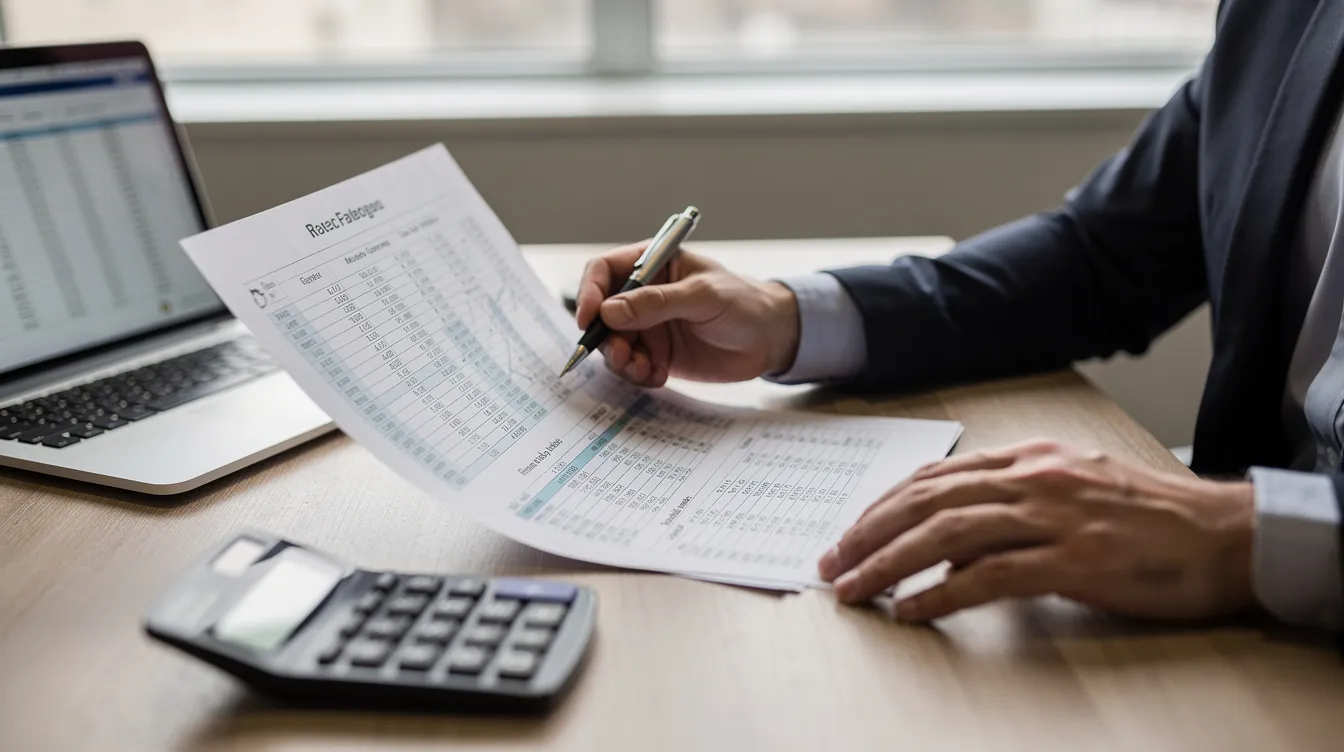 A business professional is seated at a desk, reviewing financial documents with a calculator and a laptop open in front of them. The scene suggests a focus on retirement planning, potentially involving a defined benefit pension plan or individual pension plan (IPP) for managing retirement savings and ensuring predictable retirement income.