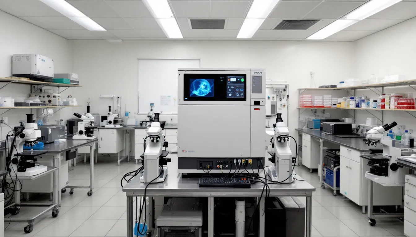 Een forensisch laboratorium met verschillende microscopen en geavanceerde DNA-analyseapparatuur, waar onderzoekers werken aan het ontrafelen van misdrijven zoals moord en doodslag. De omgeving is gevuld met wetenschappelijke instrumenten die cruciaal zijn voor het vaststellen van schuld en het ondersteunen van rechtszaken.