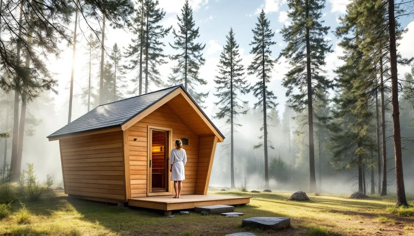 A serene morning scene depicting a sauna surrounded by nature, highlighting the ideal time for morning sauna sessions.