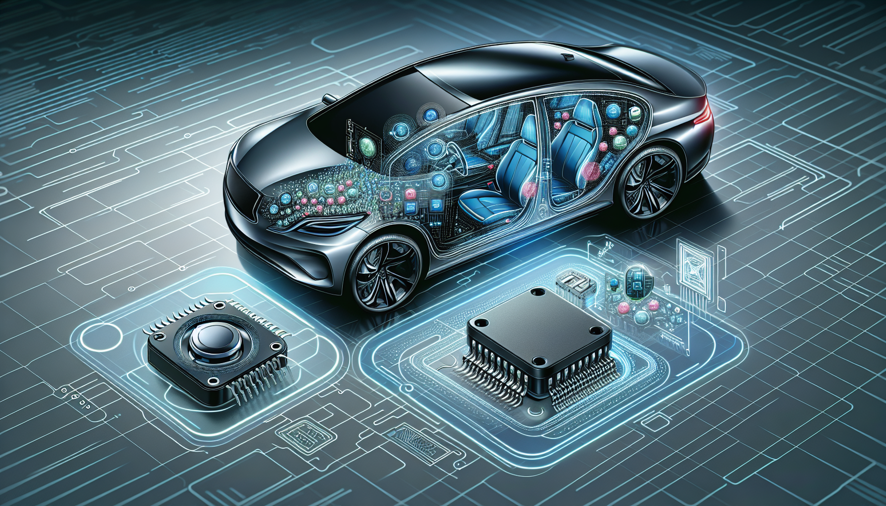 Illustration of microcontrollers controlling power windows and driver assistance systems in vehicles