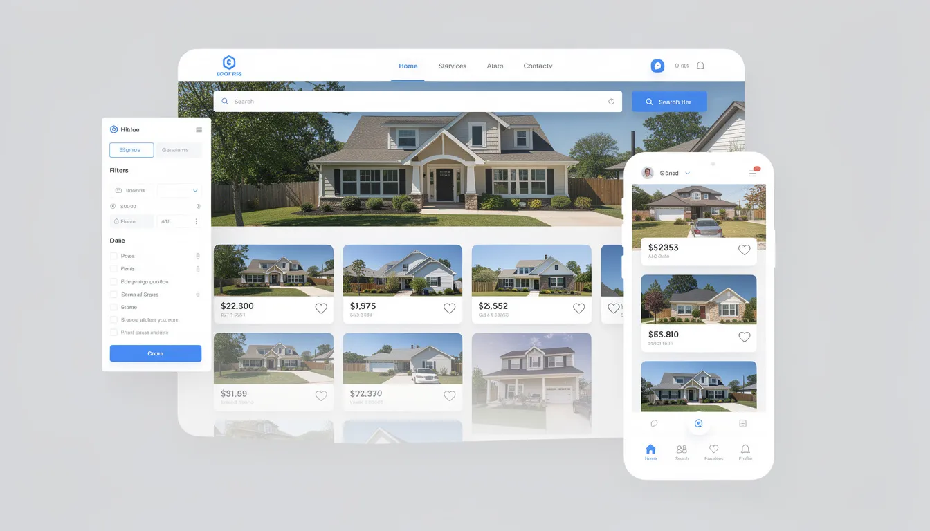 Amodern real estate website or mobile app interface showcasing various houses for sale, featuring user-friendly navigation and personalized listing recommendations. It highlights essential tools for real estate agents and professionals, including IDX integration for seamless access to MLS data and lead capture forms to attract potential clients.