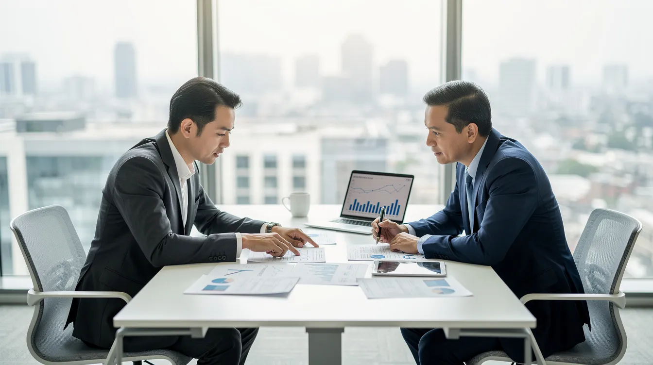 A financial advisor and a client are seated at a sleek, modern desk in an office, reviewing important documents related to the client's retirement plan. They discuss various aspects of retirement savings, including investment options and future expenses, to help the client make informed decisions about their retirement goals.