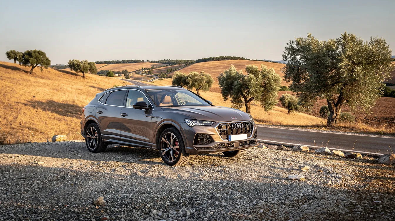 Een SUV geparkeerd op een uitkijkpunt met grind boven droge heuvels en olijfbomen.