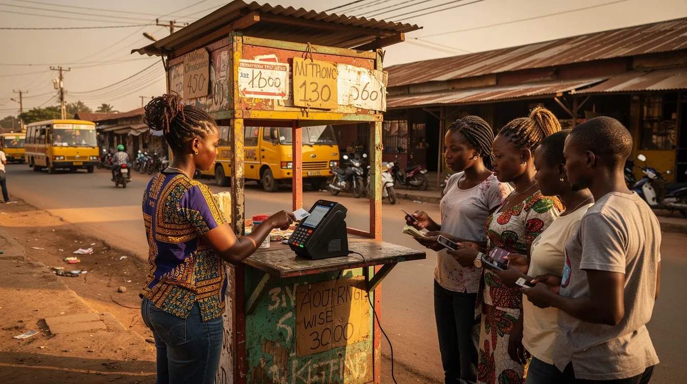 The image depicts a small roadside kiosk in a Nigerian town, featuring a POS terminal where customers are patiently waiting to withdraw cash. The scene highlights the presence of an Opay agent, emphasizing the accessibility of funds through the Opay app and the convenience of using a debit card for transactions.