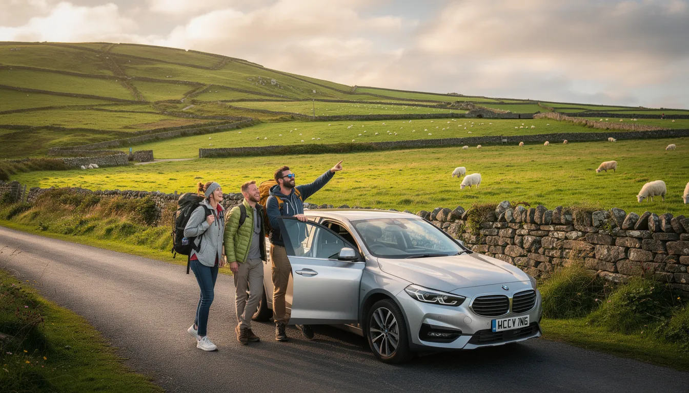 Des voyageurs heureux posent devant une voiture de location, avec un magnifique paysage irlandais verdoyant en arrière-plan. Ce décor évoque un road trip mémorable à travers l'Irlande, mettant en valeur la beauté des pâturages et des collines.