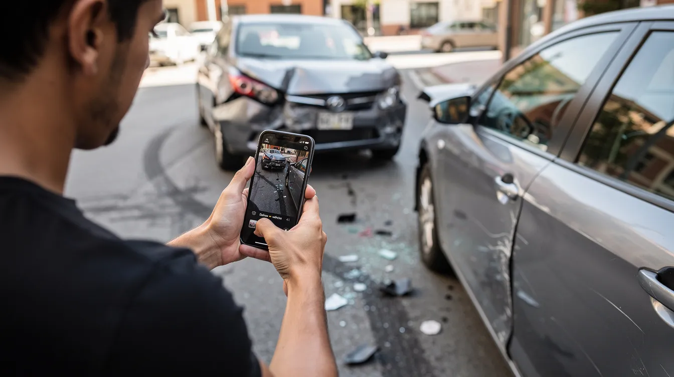 Una persona está tomando fotografías con su teléfono celular de los daños en vehículos después de un accidente de auto. Esta acción puede ser crucial para documentar la evidencia necesaria en un caso de accidente y facilitar la compensación por lesiones ante la compañía de seguros.