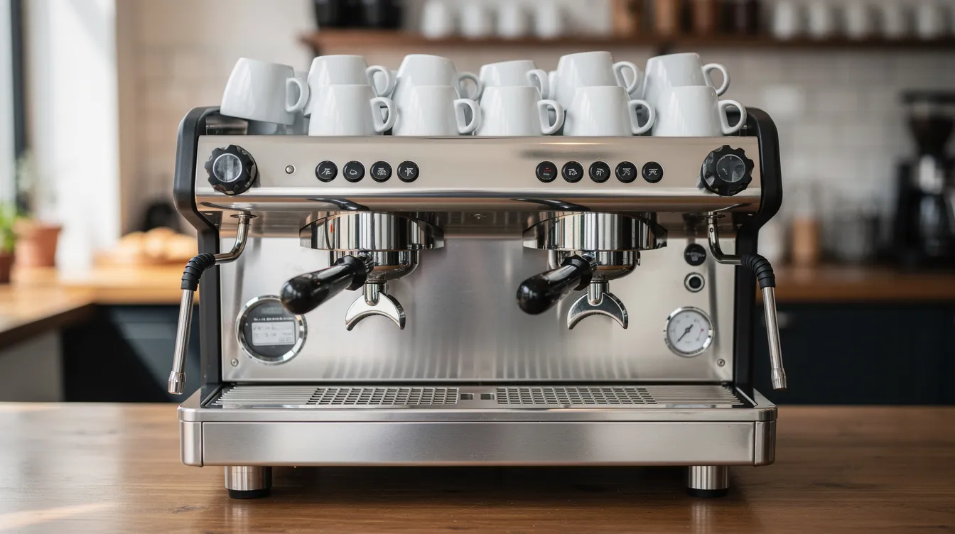 La imagen muestra una máquina espresso profesional de dos grupos en un mostrador de cafetería, con varias tazas apiladas a su lado. Este equipo de alta calidad está diseñado para ofrecer excelentes resultados en la preparación de café, destacando su capacidad y estilo moderno.