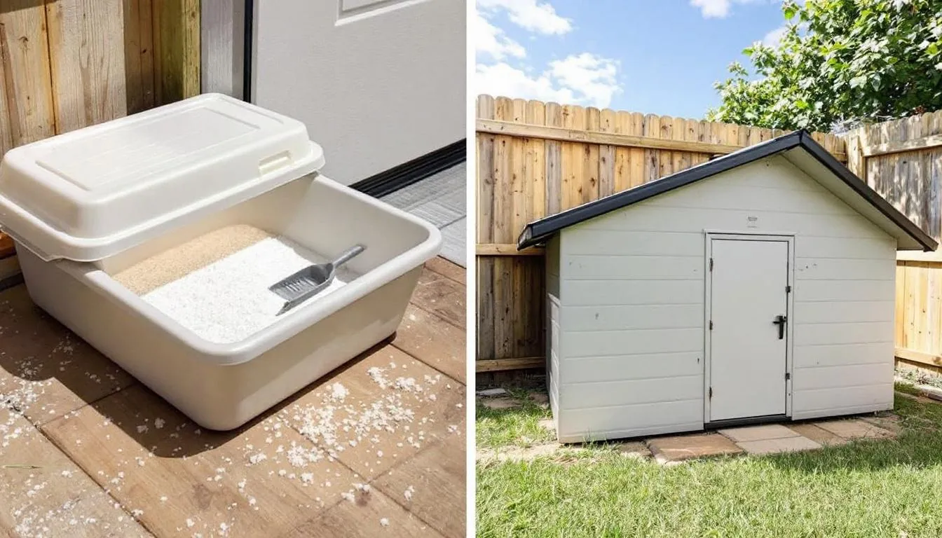De afbeelding toont een vergelijking tussen een kleine binnenkattenbak en een grote outdoor kattenbak van Ferplast. De buitenkattenbak heeft een waterdichte plastic kap en een voluminieuze schaal, terwijl de binnenkattenbak compact is en geschikt voor traditionele gebruik binnenshuis.