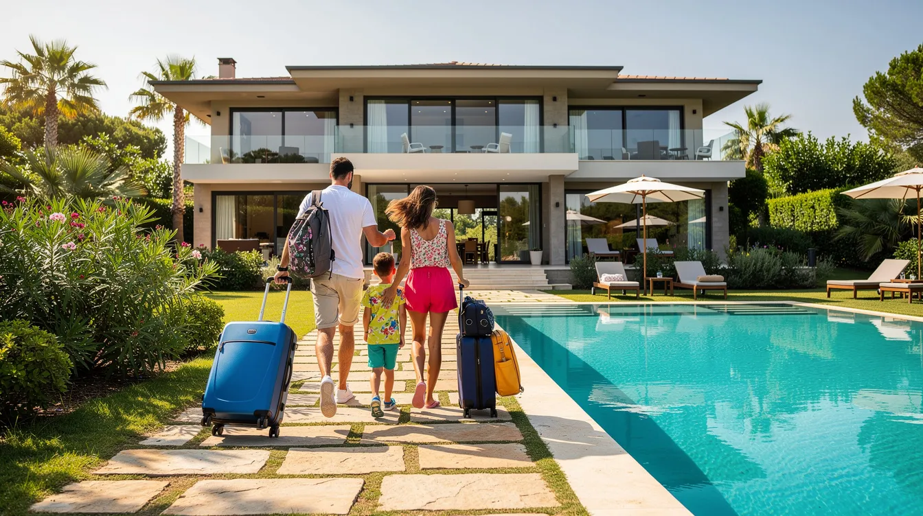 A family is seen walking towards a large vacation home, carrying luggage, with a spacious swimming pool visible in the background. This scene represents the growing trend of vacation rentals within the sharing economy, where property owners can connect with guests through platforms like Airbnb.