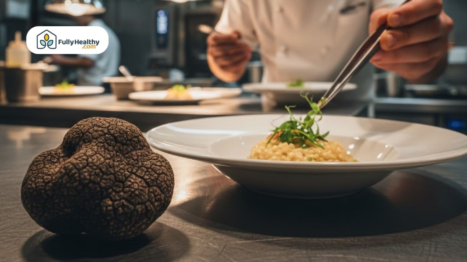 Fresh black truffle beside plated dish in restaurant kitchen.