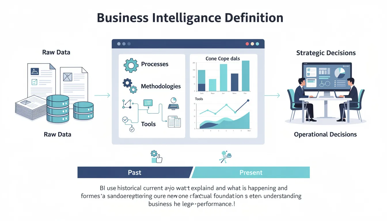 The image illustrates the concept of business intelligence, showcasing various tools and methodologies that transform raw data into actionable insights for informed business decisions. It highlights the importance of analyzing current and historical data to enhance business performance and support strategic planning.
