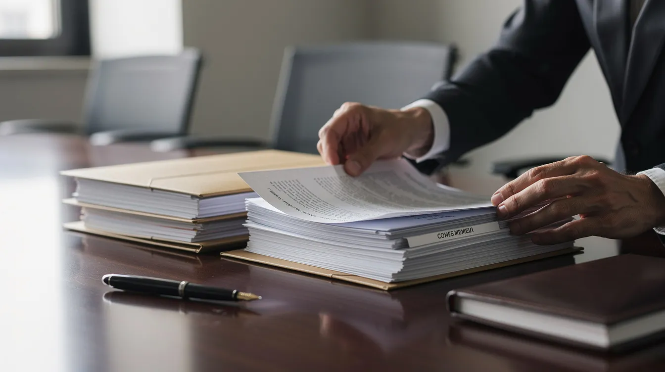 An attorney's hands are seen meticulously organizing various legal documents and folders on a polished wooden conference table, reflecting the preparation involved in federal litigation and business disputes. This scene emphasizes the importance of a well-structured approach by a boutique litigation firm like Oberheiden P.C. in representing clients effectively in complex civil litigation.