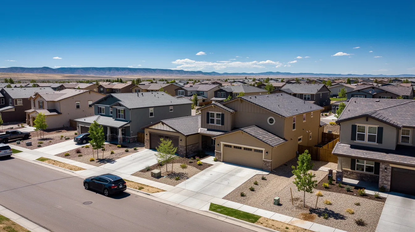 An aerial view captures a residential neighborhood in Pueblo, Colorado, showcasing newly constructed homes under clear skies. The image highlights the curb appeal of these properties, which may benefit from professional gutter installation services to ensure long-lasting protection against water damage.