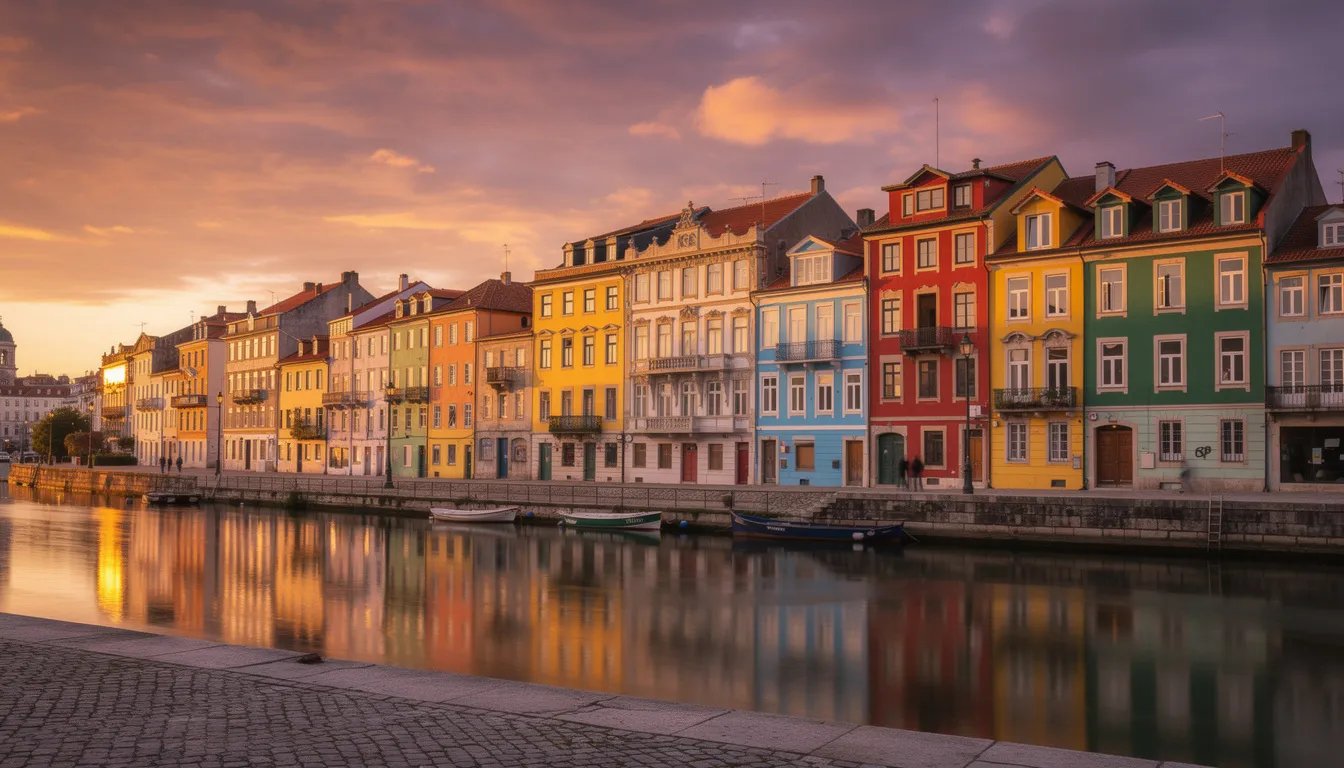 The image showcases a picturesque view of colorful historic waterfront buildings lining a river, illuminated by the warm hues of a sunset. This vibrant scene captures the charm of Gdansk's old town, a popular destination for stag groups looking to experience its thriving nightlife and rich history.