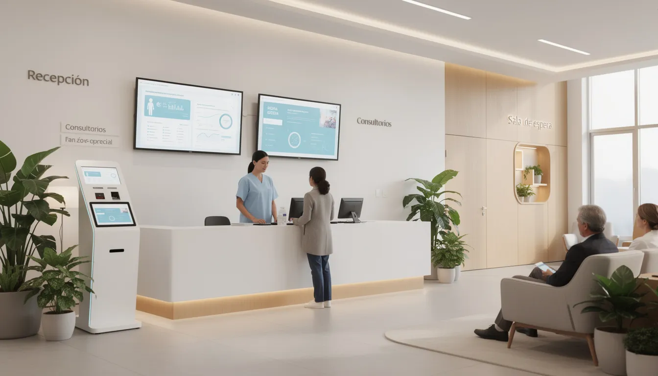 La imagen muestra instalaciones médicas modernas, equipadas con tecnología digital integrada que optimiza la gestión de citas y mejora la experiencia del paciente. El ambiente es cálido y acogedor, lo que contribuye a una atención médica más eficiente y satisfactoria para los pacientes y profesionales de la salud.