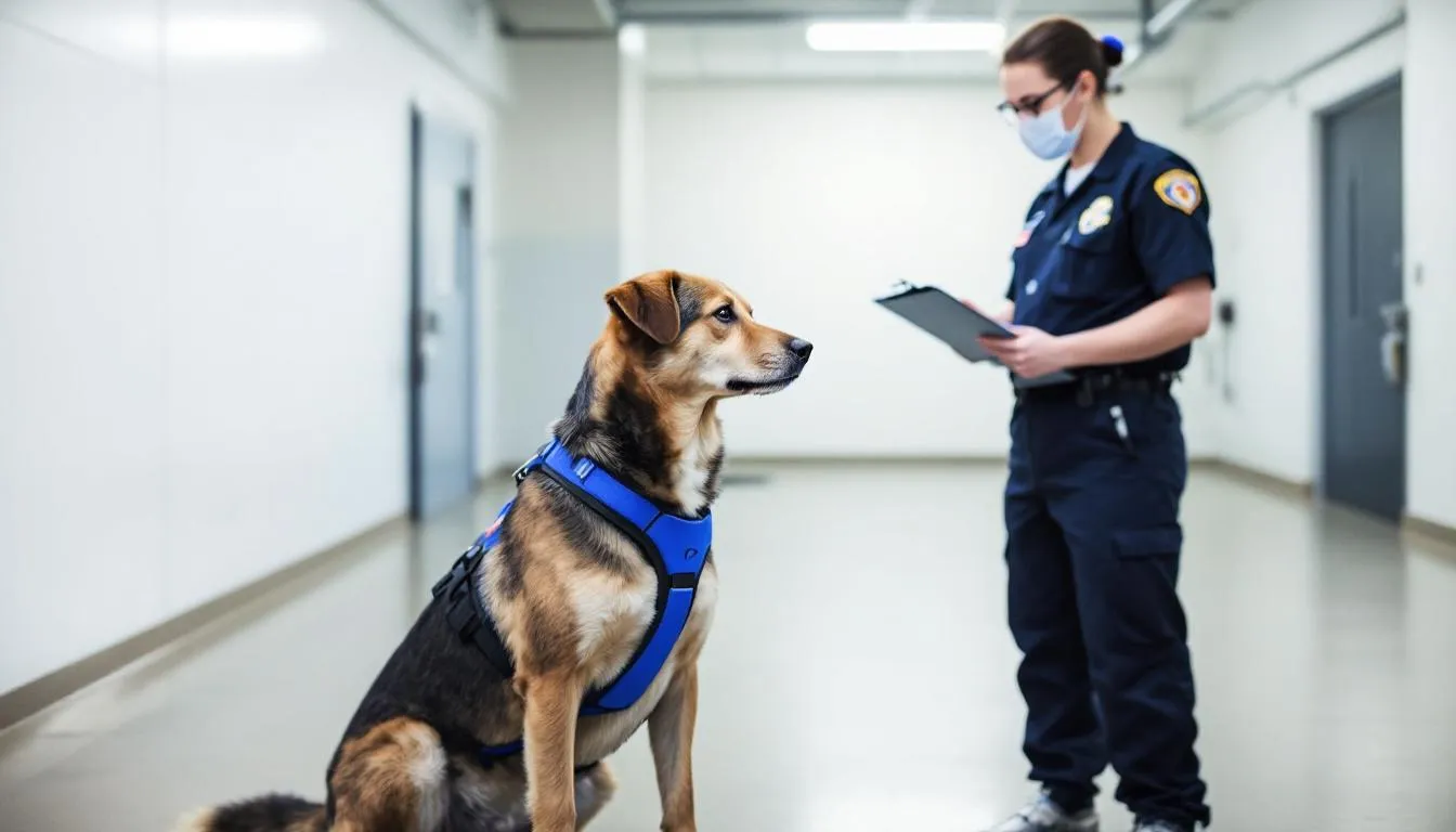 In a controlled environment, a professional behavior consultant conducts a temperament test with a dog and its handler, observing the dog