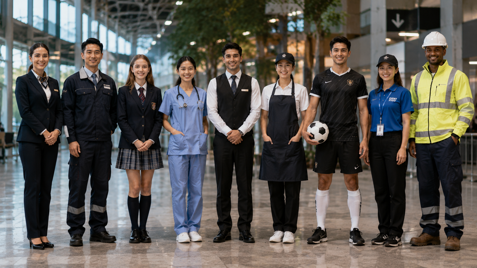 Types of uniforms for corporate, work, school, healthcare, hospitality, retail, sports, safety, and event teams