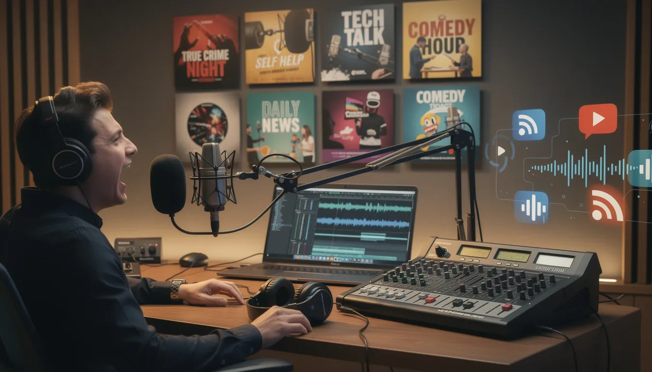 Das Bild zeigt eine Gruppe von Menschen, die um ein Mikrofon herum sitzen und angeregt über verschiedene Themen diskutieren, während sie einen Podcast aufnehmen. Die Atmosphäre ist entspannt und unterhaltsam, und es wird deutlich, dass sie sich mit deutscher Sprache und Kultur beschäftigen, was für das Deutsch lernen mit Filmen von Bedeutung ist.