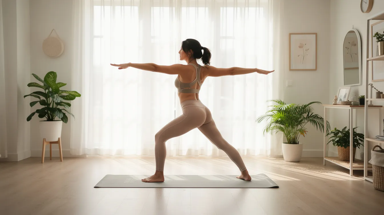 Une femme pratique le yoga dans un espace lumineux et apaisant, entourée de plantes vertes, ce qui évoque une atmosphère de bien-être et de santé. Cette image illustre l'importance de l'hygiène de vie pour la prise en charge de troubles tels que le syndrome des ovaires polykystiques (SOPK) et ses symptômes.