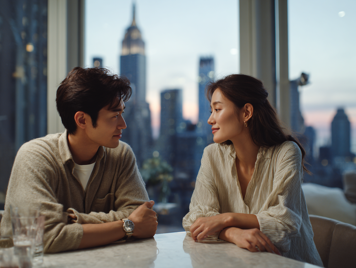 Korean couple in New York apartment having calm reflective conversation about relationship.