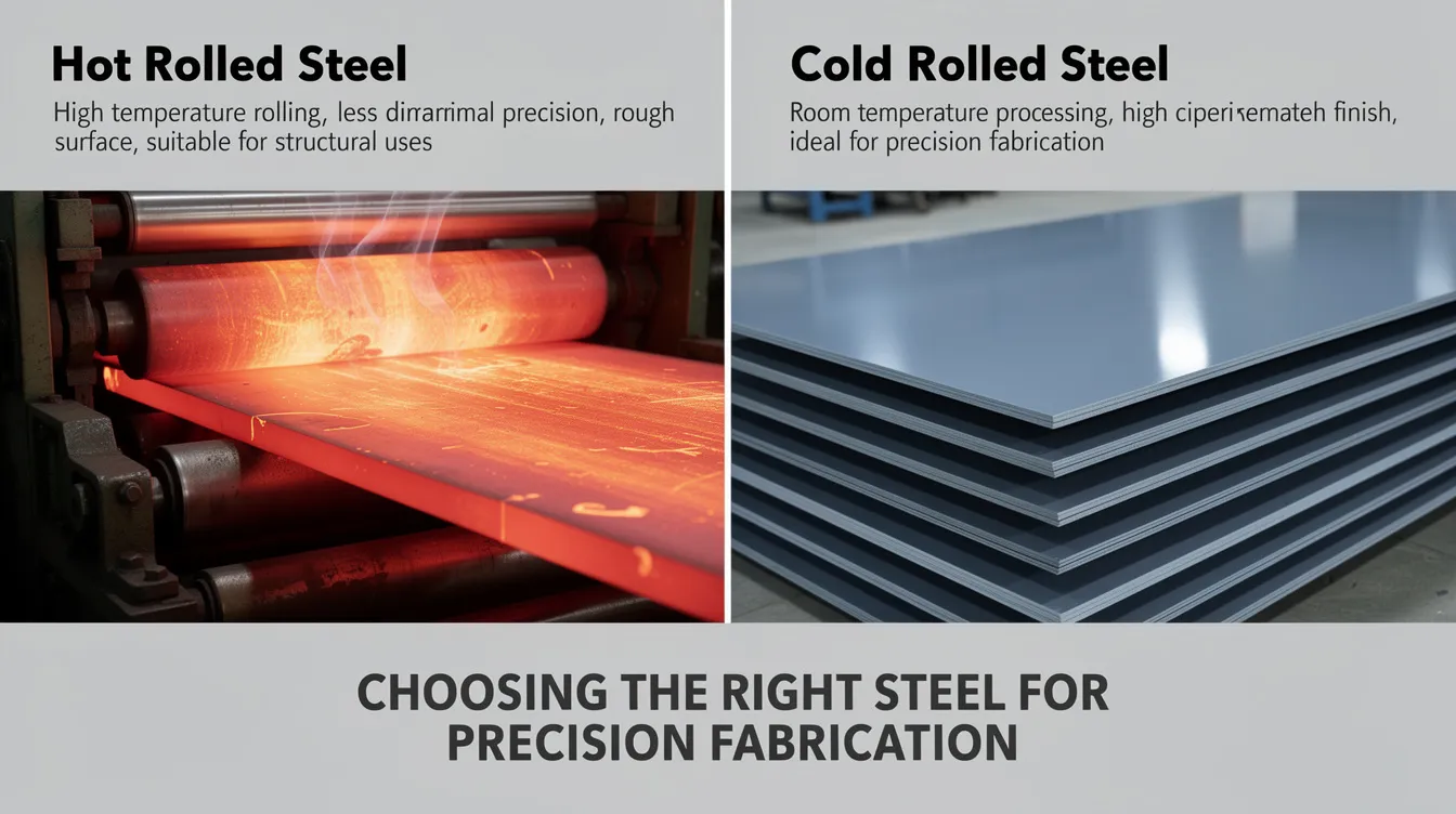 The image illustrates the comparison between hot rolled and cold rolled steel, showcasing their distinct surface finishes and material properties. Hot rolled steel features a rougher, scaled surface, while cold rolled steel offers a smoother, polished finish suitable for applications requiring tighter dimensional tolerances and precise shapes.
