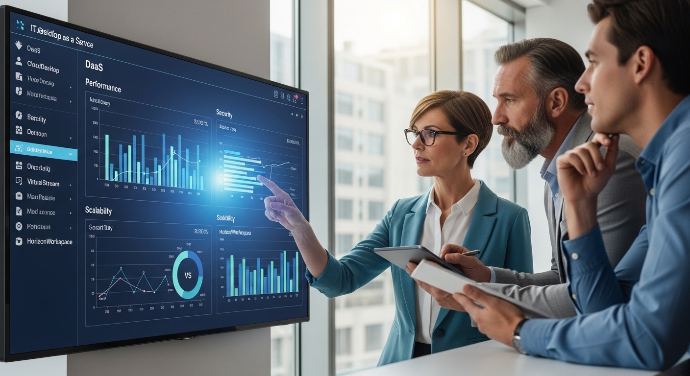 "IT decision-makers comparing multiple DaaS providers on a dashboard with metrics like performance, security, and scalability.