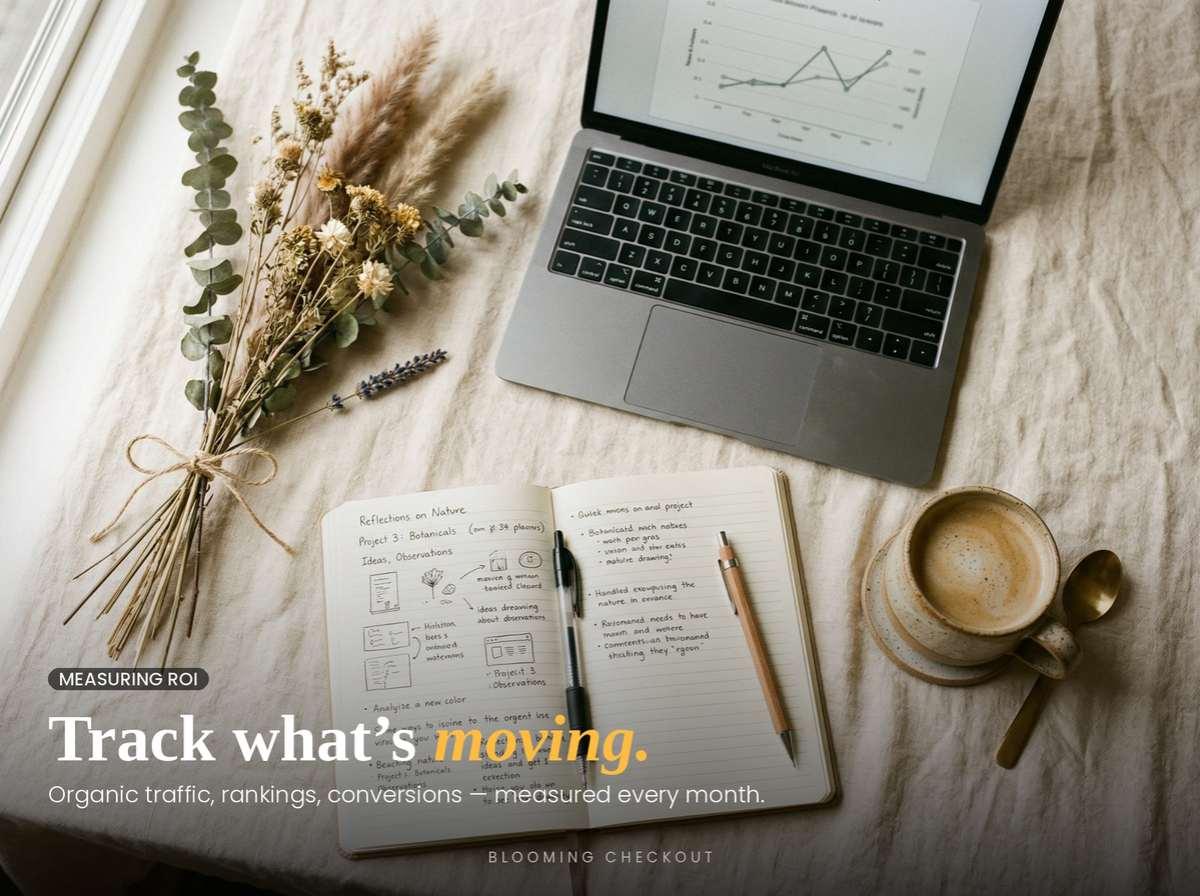 Overhead flat lay of an open notebook with handwritten notes, a ceramic coffee cup, dried botanicals, and a laptop showing a growth graph — representing monthly SEO reporting and ROI tracking