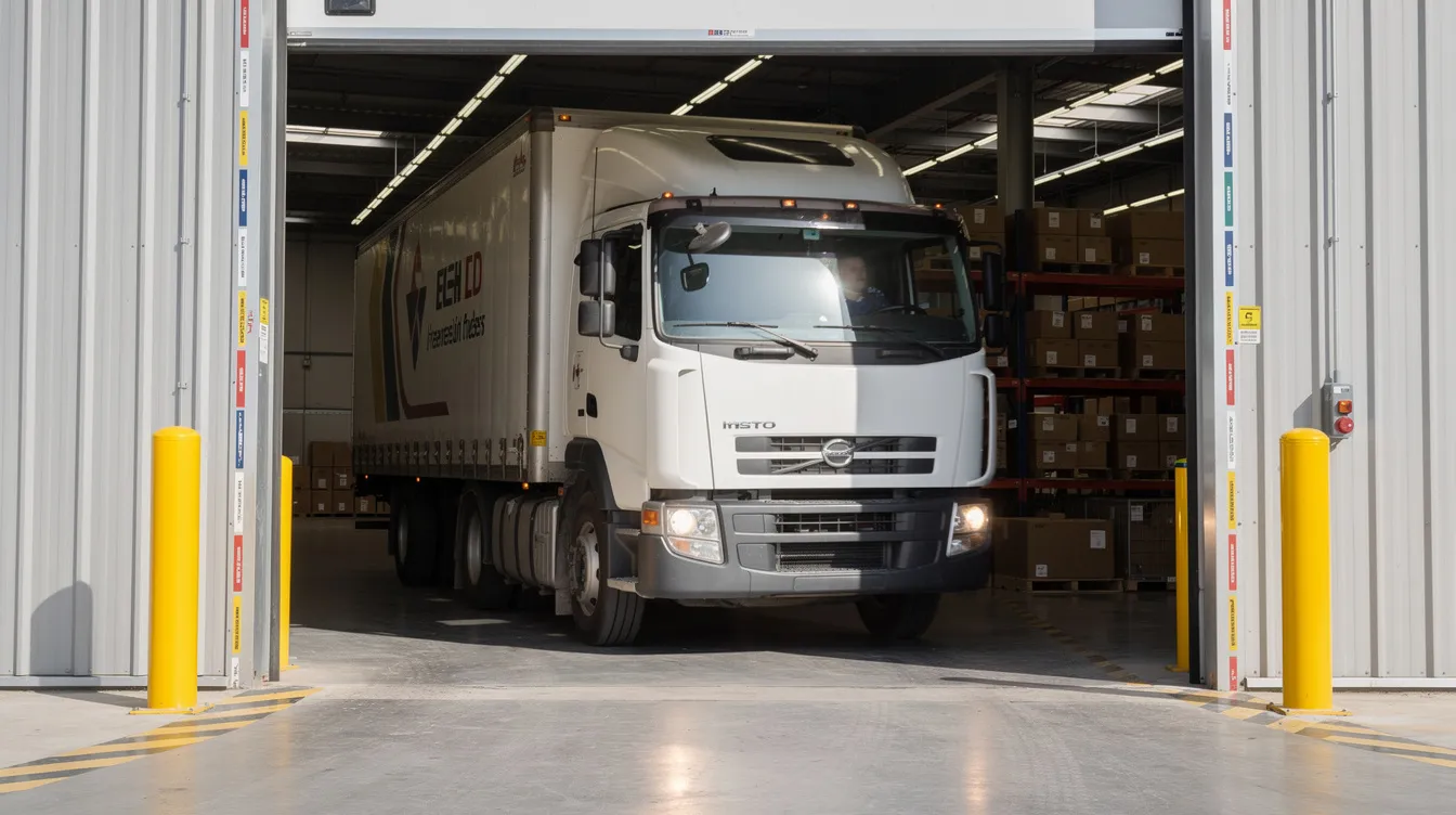 A commercial delivery truck is seen driving through a warehouse gate entrance, symbolizing the importance of location tracking and fleet management in ensuring timely deliveries. The image highlights the role of GPS tracking and geofencing technology in optimizing routes and managing company vehicles effectively.