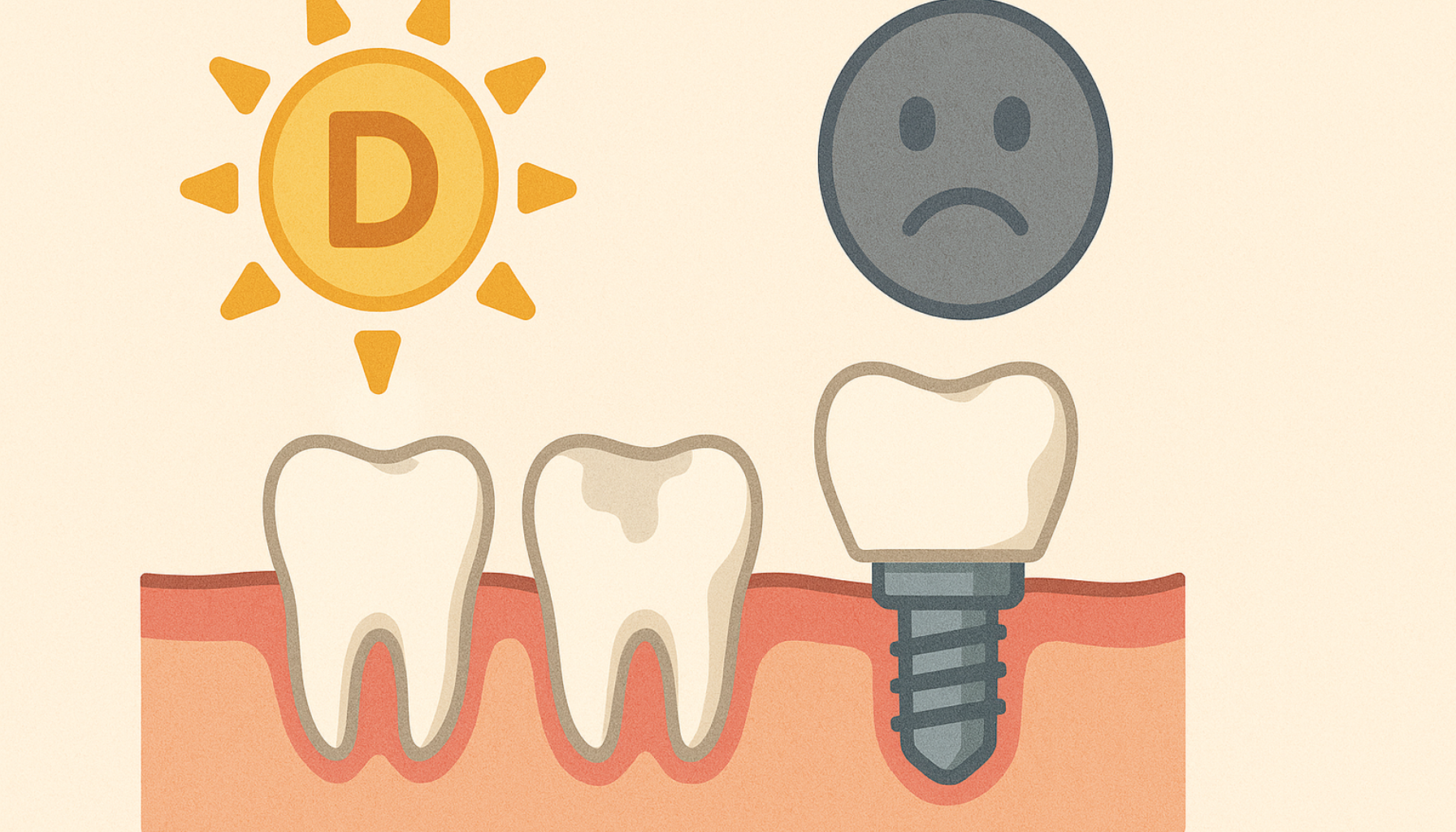 Mangel på Vitamin D: Overraskende Effekt På Tennene Dine 15 Illustrasjon av tre tenner med varierende helse, solsymbol og trist ansikt som viser sammenheng mellom vitamin D og tannhelse.